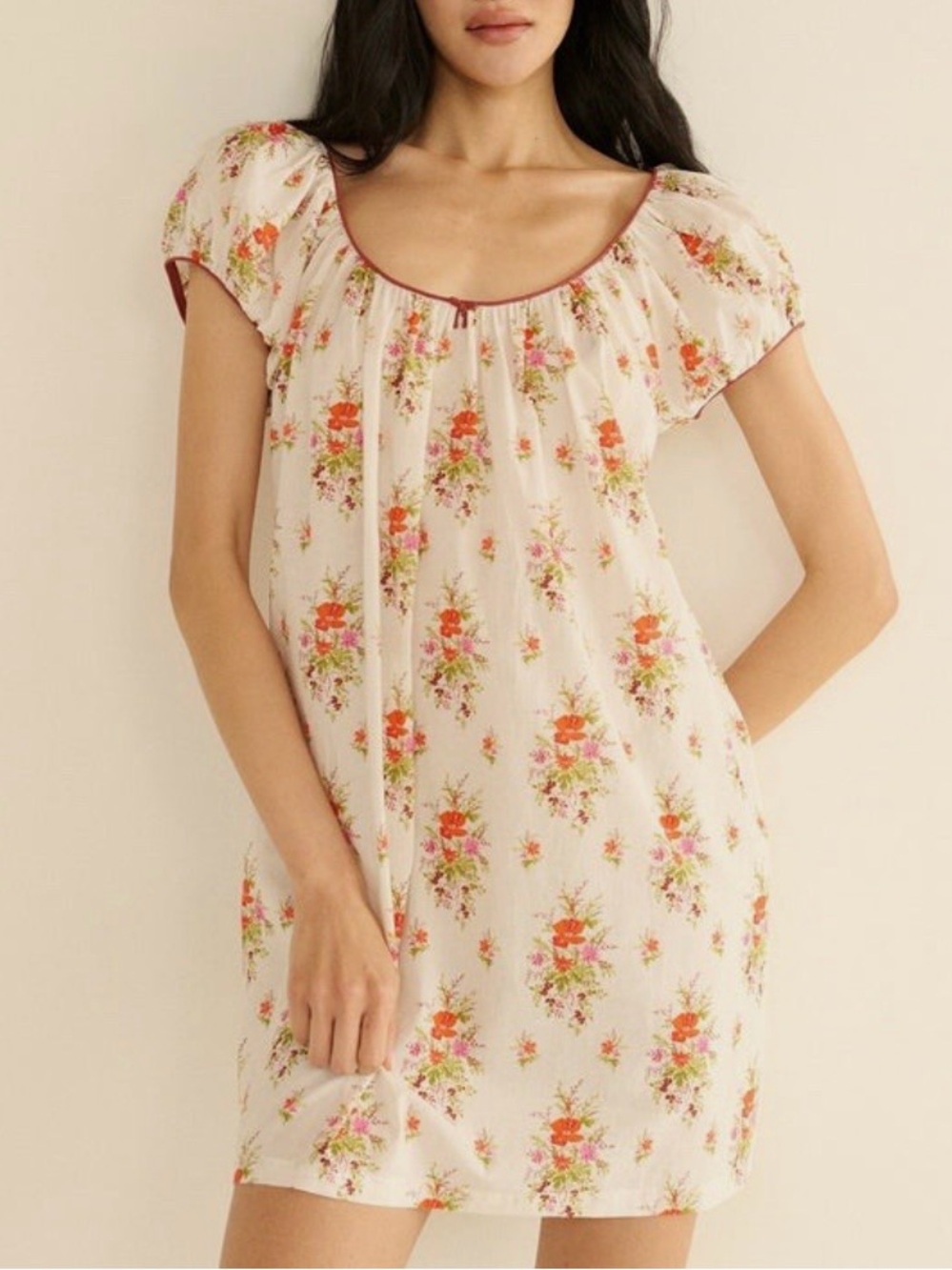 Doen Floral Scoop-Neck Mini Dress in Cream with Pink & Orange Accents